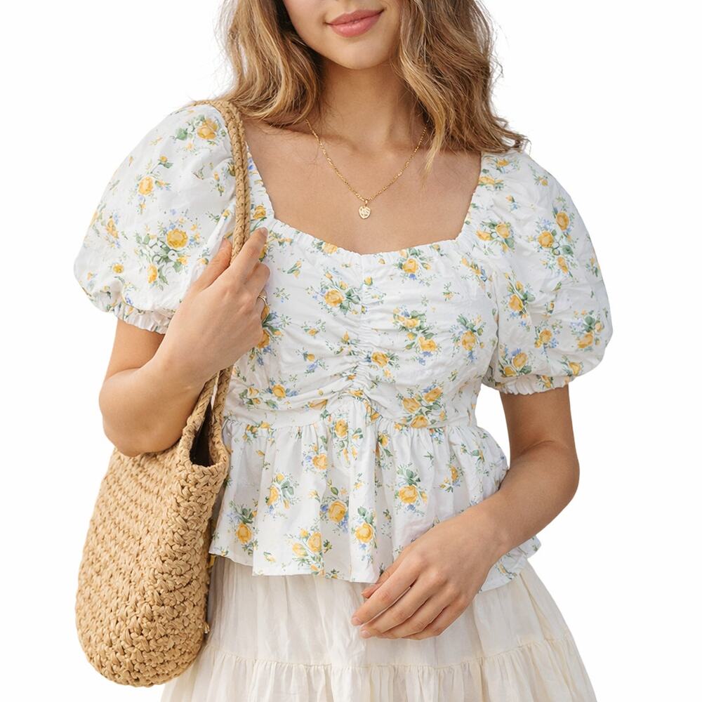 JAPNA Puff Sleeve Eyelet Floral Smocked Crop Top S Yellow Rose Cotton Boho